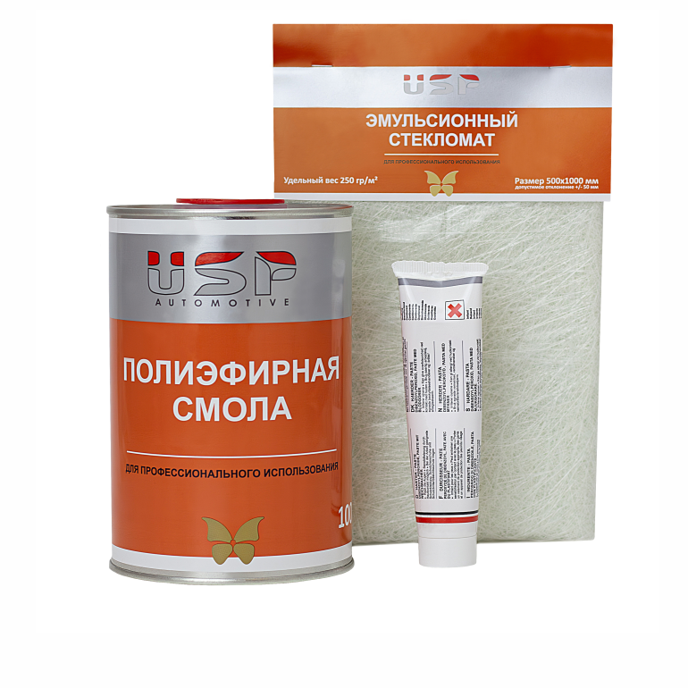 USP Полиэфирная смола для ремонта 1кг+отв+стеклоткань 500х1000мм (250 гр/м2)