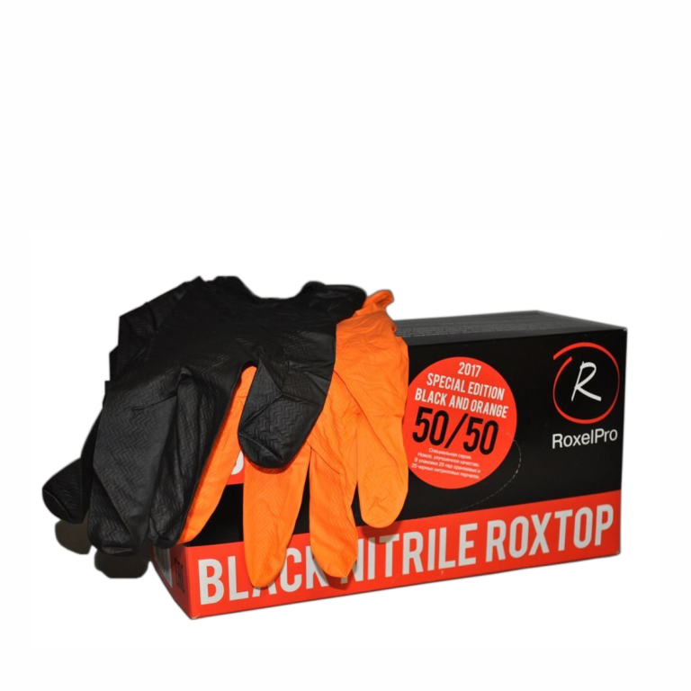 RoxelPro Нитриловые перчатки ROXTOP, чёрные/оранжевые, размер M, упаковка 100 шт.